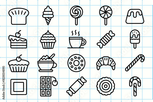 Sweet bakery dessert candy doodle line art icons collection grid