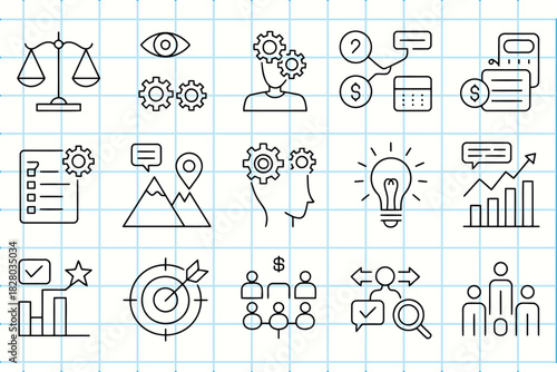 Business strategy and analytics doodle line icons set on grid paper