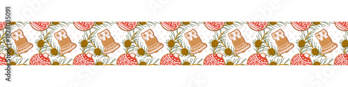 Christmas festive border pattern with xmas cookies and winter plants. Cartoon flat illustration of gingerbread cookies and pine branches.