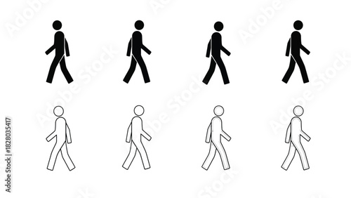 Walking Man Icon Set. Simple Pedestrian Silhouette and Line Art Vector Illustration Collection