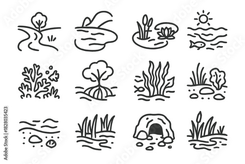 Aquatic Habitats Icons. Line style icons of aquatic habitats: riverbank, lake, pond, ocean shore; coral reef, mangrove root, kelp