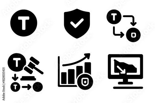 DAO Tokenomics Icons. Solid style icons of DAO tokenomics: utility token coin, DAO yield badge, token flow graph. Staking icon