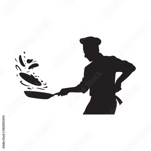 Silhouette of a chef flipping food in a pan