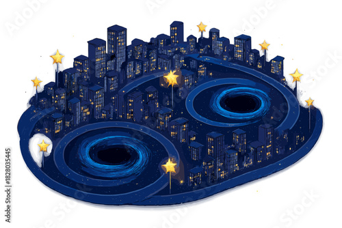 Galactic Cityscape Design. Galactic city with spiral arms as roads, black holes as fountains, and stars as cheerful streetlights