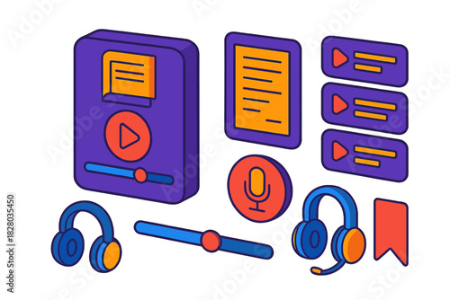 Podcast Interface Icons. Isometric vector illustration set Language learning – story podcast interface, play button, transcript