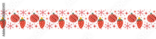 Christmas border pattern with festive elements - red strawberry baubles and stars, snowflakes, christmas ornaments, winter icons. Flat vector seamless border.