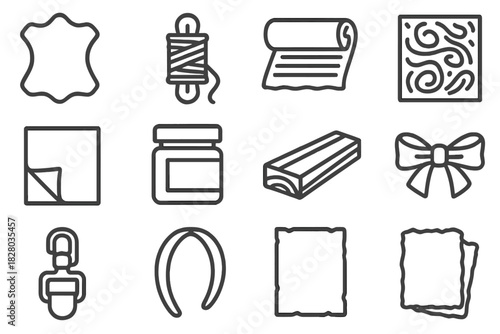Artisan Materials Icons. Line style icons of artisan materials: leather hide, waxed thread, linen cloth, marbled sheet; gold foil,
