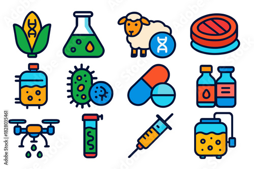 Biotech Icon Set. Flat vector icons of biotechnology applications: GMO crop, biofuel flask, cloned sheep, synthetic meat patty,