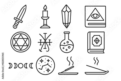 Arcane Tools Icons. Line style icons of Arcane Tools: Ritual Dagger, Candlestick, Crystal, Hidden Symbol; Occult Seal, Sigil,