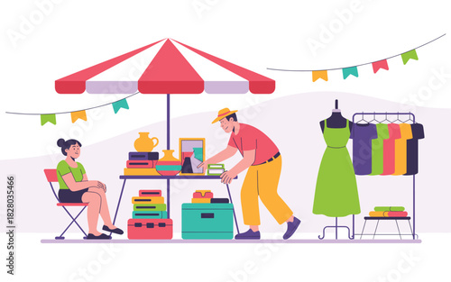 Colorful Flea Market Scene with Clothing and Antiques: Vintage Finds and Community Event, Illustration, Second-Hand Market, Seller, Buyer, Retro Style