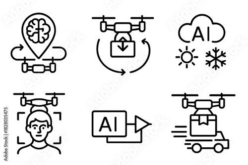 AI Medical Drone Icons. Line style icons of AI in medical drone systems: smart routing brain, auto-recovery path, weather