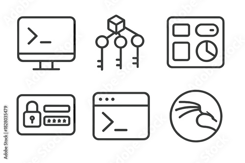 Hacking Lab OS Icons. Line style icons of operating systems in hacking labs: Linux terminal screen, Windows registry icon, OS