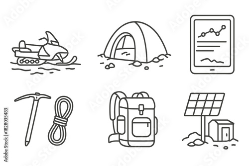 Glacier Field Icons. Line style icons of glacier field equipment: snowmobile on ice, tent for ice researchers, data collection