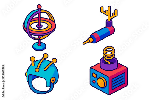 Futuristic Health Inventions. Isometric vector illustration set Strange Inventions for Health: Spinning aura detector, multi-prong