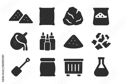 Raw Material Icons. Solid style icons of raw materials: silica sand, soda ash bag, limestone rock, batch mixture, melting pot,