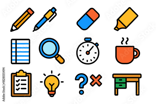 Logic Puzzle Tools. Flat vector icons of logic puzzle solving tools: sharp pencil, mechanical pencil, eraser block, highlighter,