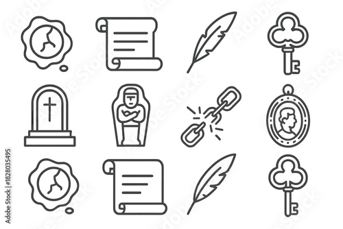 Lost Heritage Icons. Line style icons of Lost Heritage: Broken Seal, Imperial Document, Ancient Burial, Lost Family Line; Wax