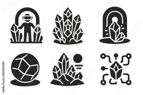 Crystal Icon Environments. Solid style icons of crystal-based virtual environments: immersive gem portals, fractal VR crystals,