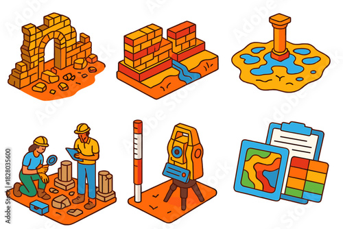 Archaeoseismology Artifacts Analysis. Isometric vector illustration set Archaeoseismology: collapsed ancient walls, offset