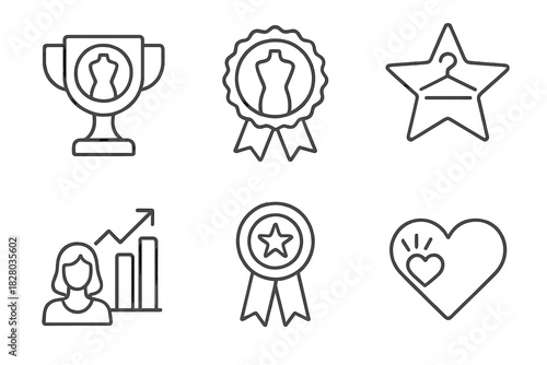 Fashion Awards Icons. Line style icons of fashion show awards and highlights: virtual trophy icon, best digital outfit badge,