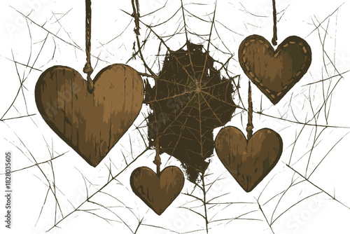 Cobwebbed Heart Decor. Rustic heart-shaped decorations vector illustration entangled in a cobweb illuminated by soft light,