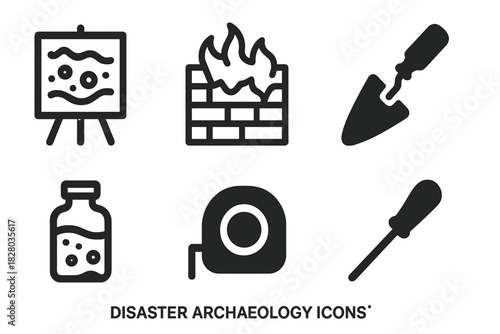 Disaster Archaeology Icons. Line style icons of Disaster Archaeology: stratigraphic section board, burned wall diagram, trench