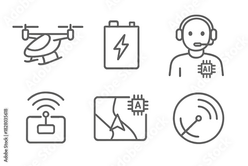 Flying Taxi Innovations. Line style icons of flying taxi technology: VTOL label sketch, lithium battery symbol, AI pilot icon,