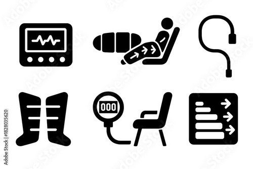Pressotherapy Icon Set. Solid style icons of pressotherapy machines: control panel screen, inflated chamber icon, therapy session
