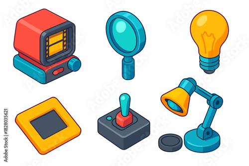 Retro Electronics Icons. Isometric vector illustration set Retro electronics – filmstrip viewer, magnifier lens, lamp bulb; slide