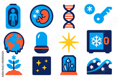Future Preservation Icons. Flat vector icons of Future Preservation: cryo pod, frozen embryo, DNA spiral, frost key, ice-covered