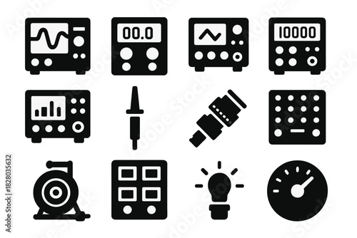 Laboratory Electronics Icons. Solid style icons of Laboratory Electronics: Oscilloscope, Power Supply, Function Generator,