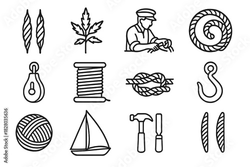 Nautical Fiber Icons. Line style icons of Nautical Fiber Art: Twisting Fibers, Hemp, Sailor's Craft, Coil; Pulley, Rope Spool,