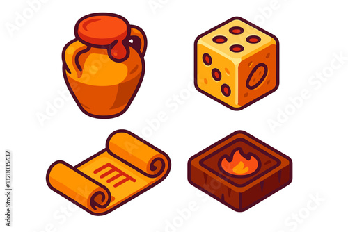 Ancient Game Artifacts Icons. Isometric vector illustration set Ancient Game Artifacts: Sealed clay piece jar, engraved ivory die,