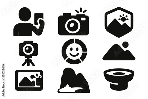 Scenic Photo Icons. Solid style icons of scenic photo moments: selfie glyph, camera click icon, viewpoint badge. Tripod ring,