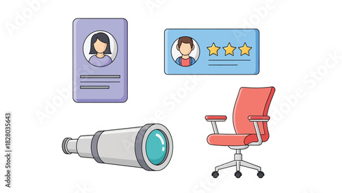 Human Resources and Job Search Icons Set ID Card Review Rating Office Chair Telescope Vector Illustration