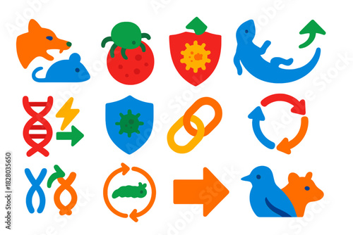 Evolution Icons Collection. Flat vector icons of host-parasite co-evolution: predator-prey pair, parasite attachment, host immune