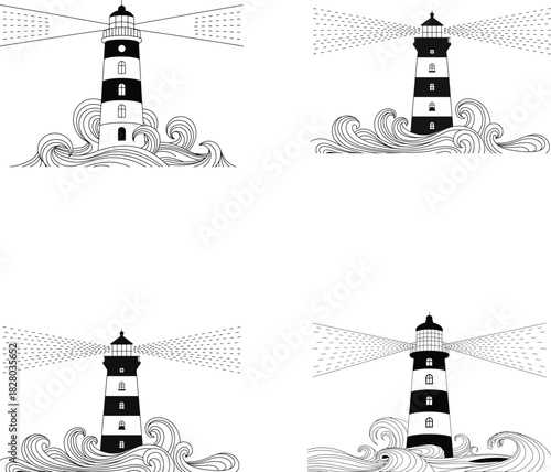 Four hand drawn lighthouses on rocky shores with light beams