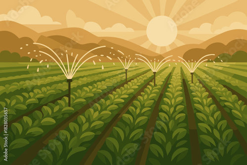 Sustainable Agriculture Scene. Sprinklers watering rows of lush green crops under soft vector illustration sunlight, earthy tones,