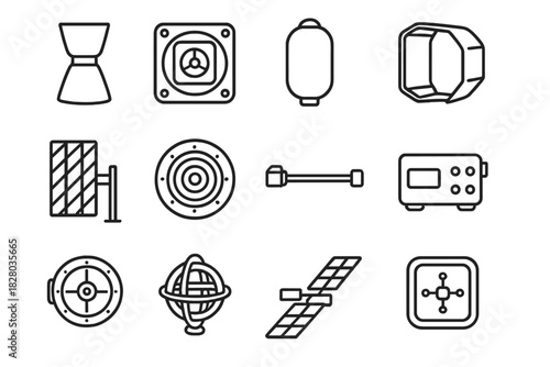Spacecraft Parts Icons. Line style icons of spacecraft parts: thruster nozzle, reaction wheel, propellant tank, payload bay;