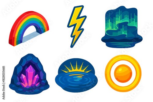 Vibrant Nature Phenomena. Isometric vector illustration set Light in Nature: rainbow arc, lightning bolt, aurora borealis, glowing