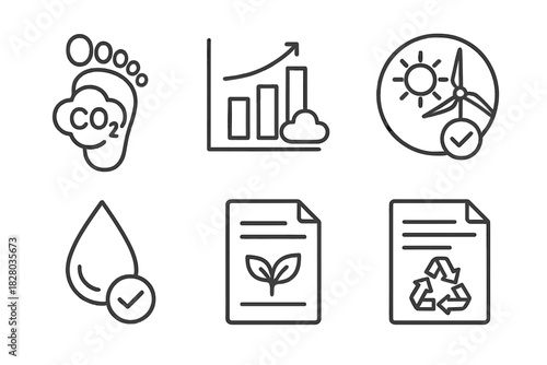 Environmental Compliance Icons. Line style icons of environmental compliance: carbon footprint icon, emissions report chart,