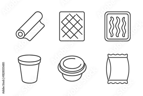 Edible Packaging Icons. Line style icons of edible packaging: biodegradable food wrap, rice paper sheet, seaweed container, edible
