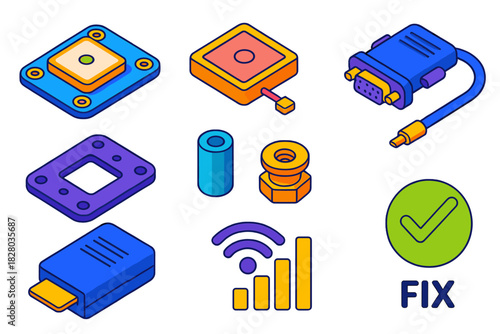 Robotics Components Icons. Isometric vector illustration set Robotics kits – GPS module, antenna patch, serial cable; mount plate,