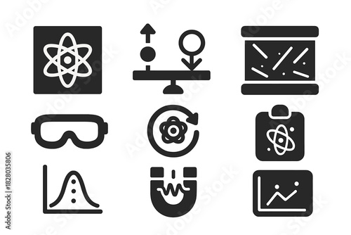 Quantum Experiment Icons. Solid style icons of quantum classroom experiments: atom in box icon, spin demonstration glyph,