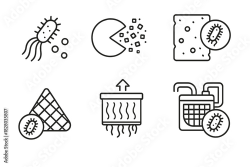 Microplastic Solutions Icons. Line style icons of microplastic solutions: bacteria near microbeads, enzyme breaking nanoplastics,