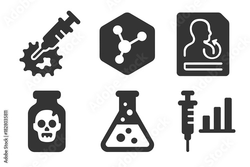 Experimental Cell Treatment Icons. Solid style icons of experimental cell treatments: syringe into dying cell, chemical compound