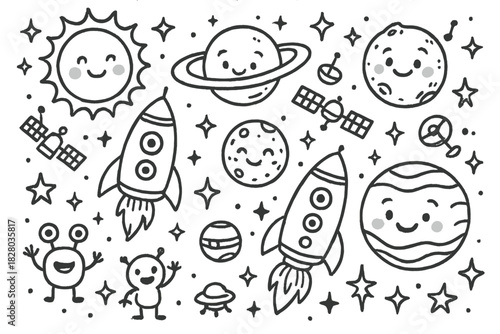 Whimsical Space Doodles. Whimsical doodle outer space with rockets smiling, planets with faces, tiny aliens waving, stars