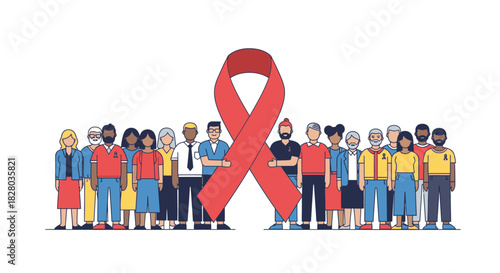 Diverse group of people standing together with a large red ribbon, symbolizing AIDS awareness and support for World AIDS Day.