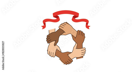 Illustration of diverse hands joined in a circle beneath a red banner.