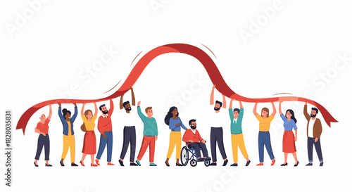 Diverse group of people holding a long red wavy ribbon together, symbolizing unity and support.